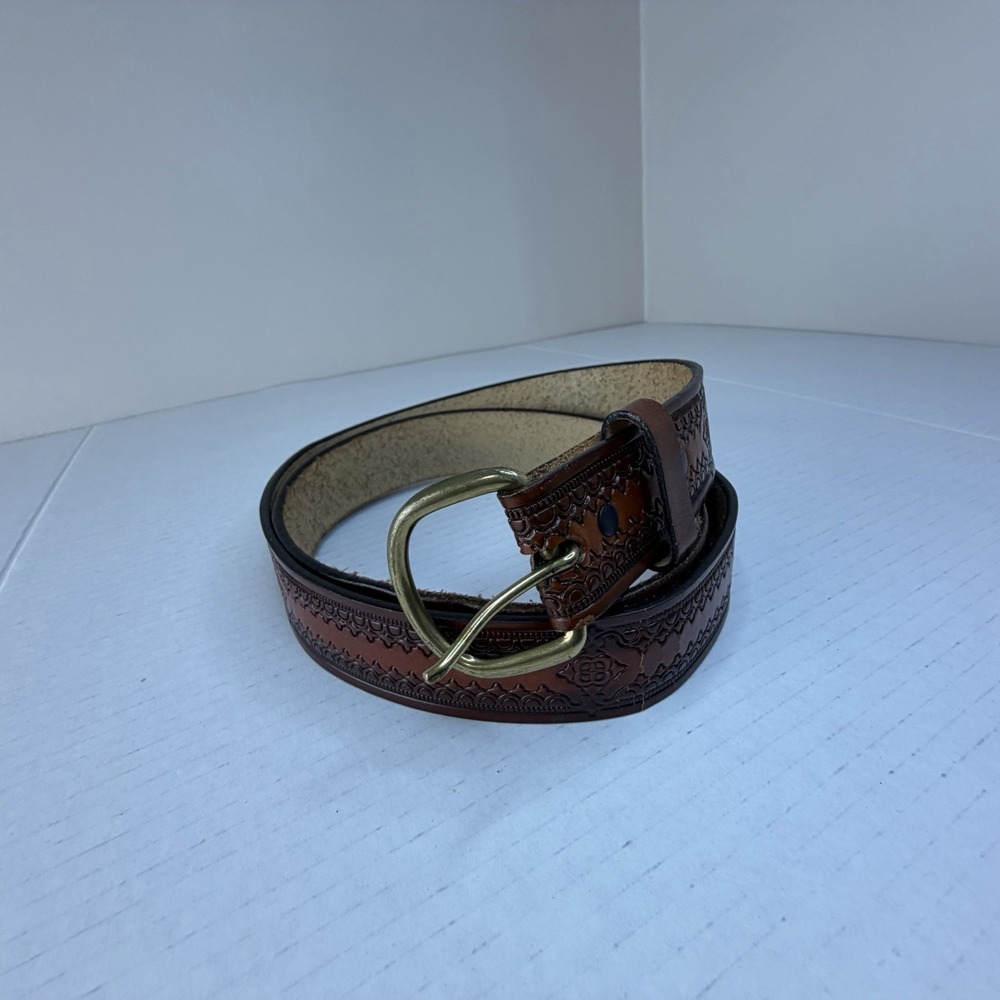 Western Cowboy Brown Leather Men's‎ Belt Decorative Tooled Full Grain, Brass 47"